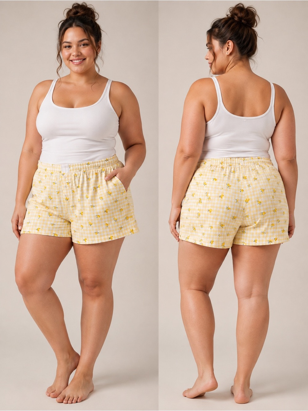 Plus-Size Yellow Floral Cotton Pajama Shorts